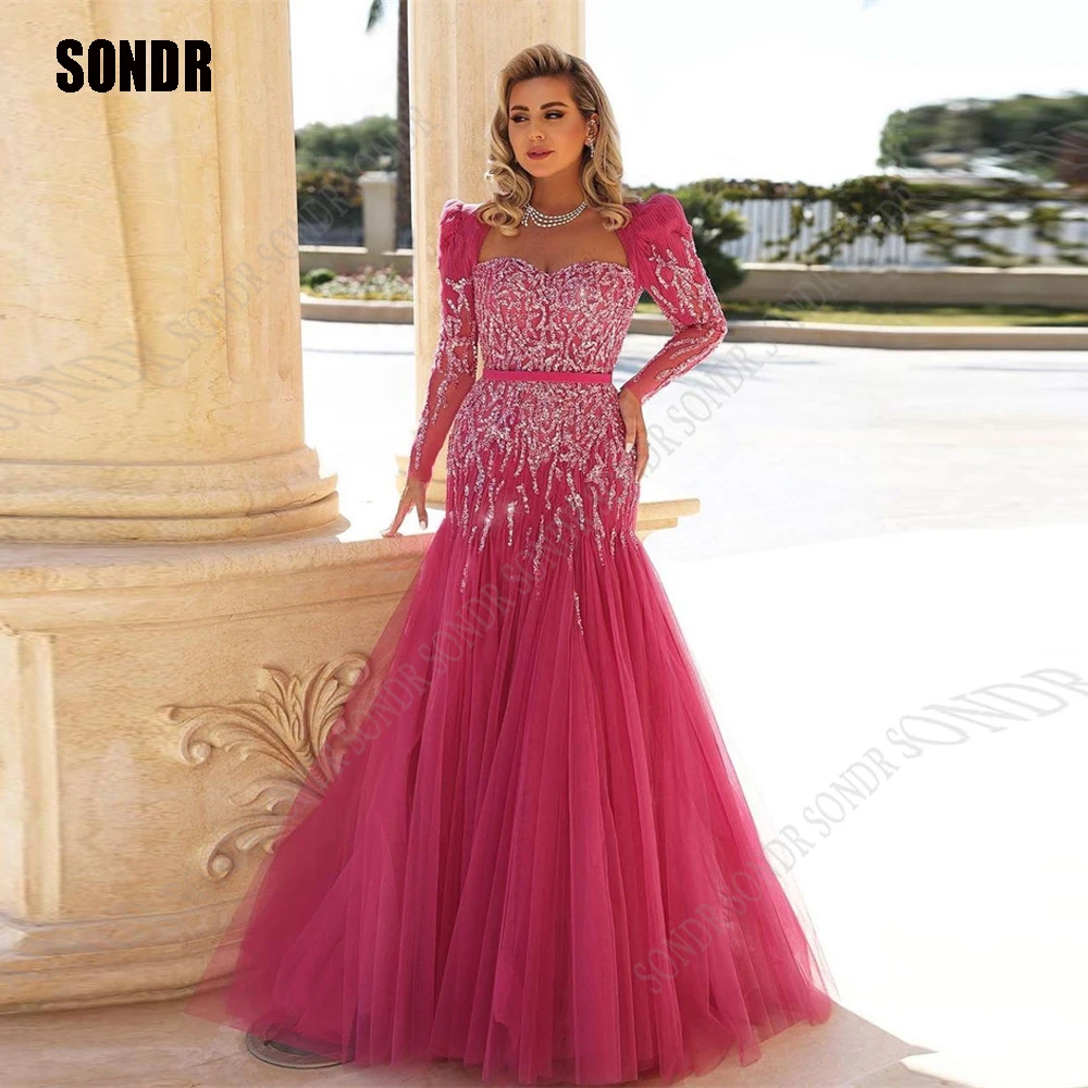 

SONDR Fuschia Tulle A Line Shiny Homecoming Prom Dresses Sequins Beads Sweetheart Full Sleeves Formal Event Evening Party Dress