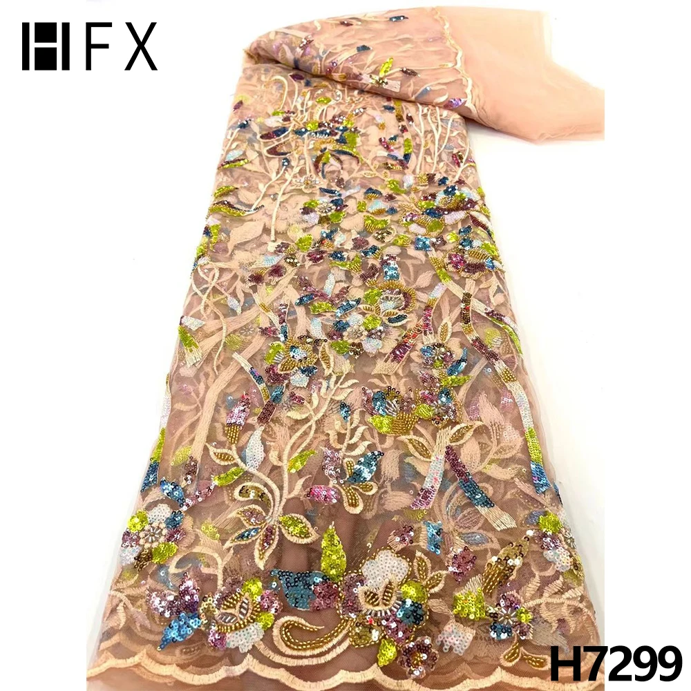 

HFX 2022 latest colorful sequins lace fabric Embroidery French Beaded Lace Fabric for Party Wedding Dress Woman 5 yards H7299