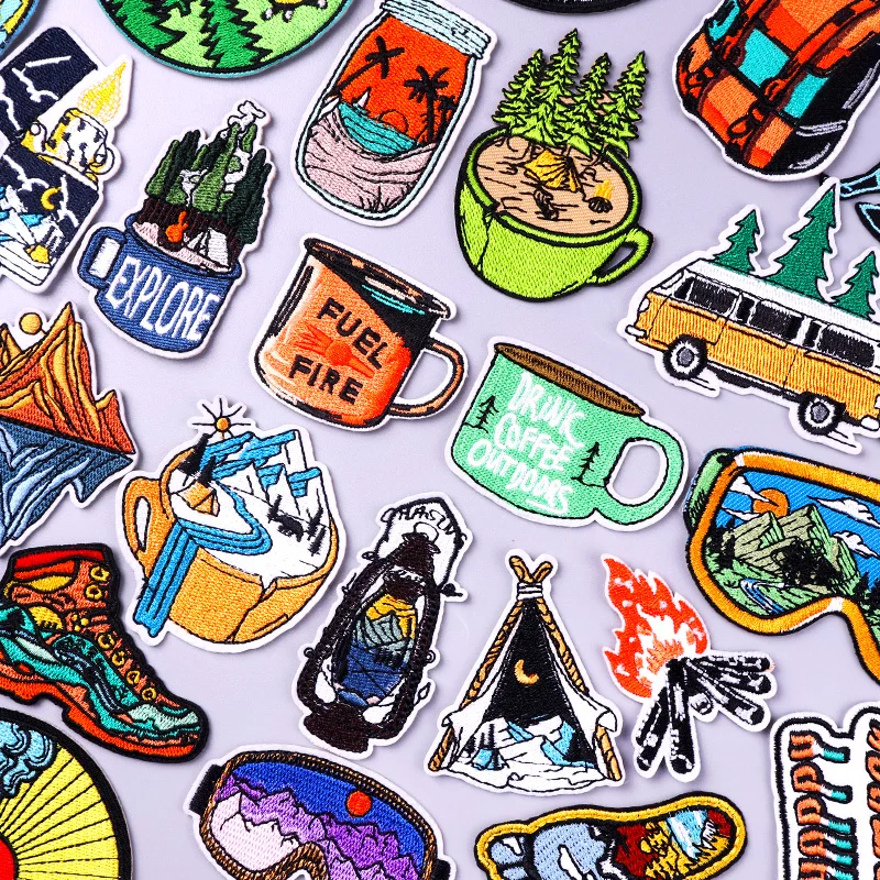 

Cup Camping Iron On Embroidered Patches For Clothing Thermoadhesive Patches Nature Travel Patch On Clothes Hook Loop Applique