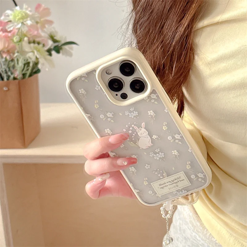Чехол для телефона с милым кроликом Clean Wildflower iPhone 13 14 15 Pro 12 16 Max акриловый