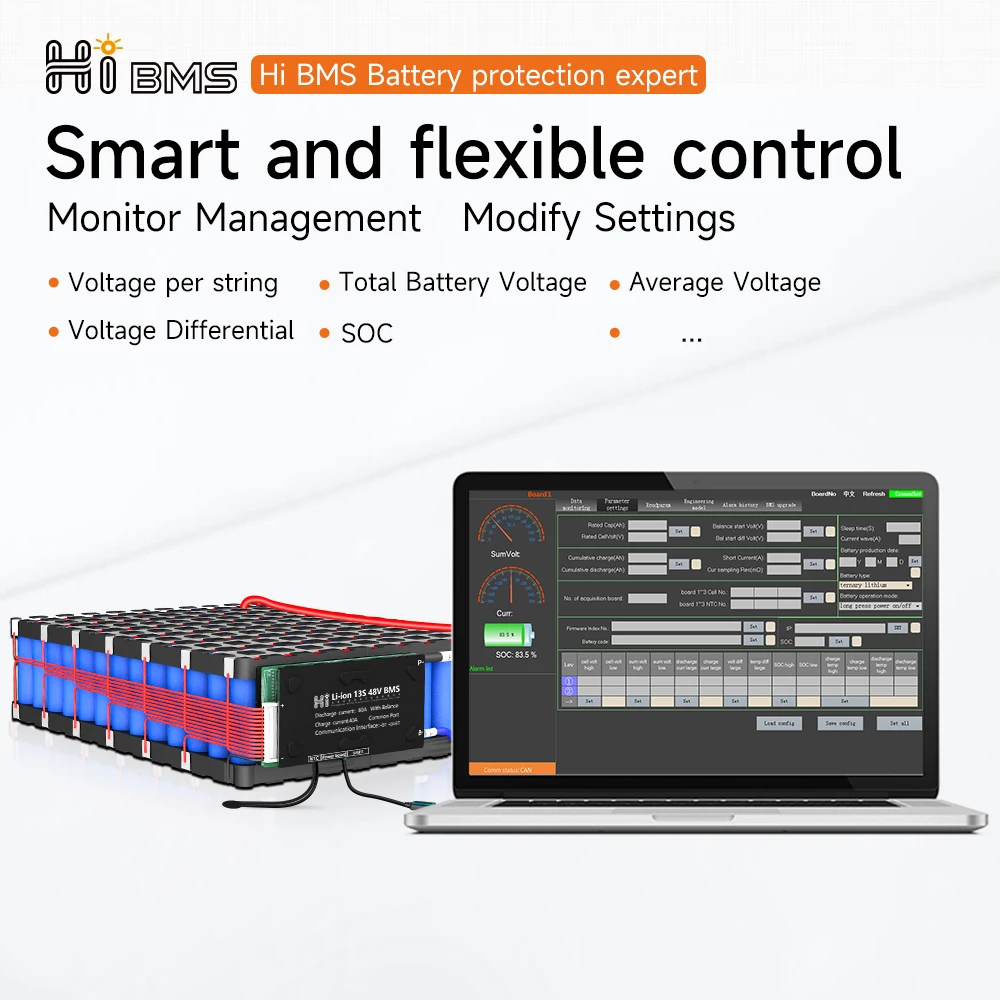 HIBMS Smart BMS Bluetooth Lifepo4 4S 12V 8S24V 16S48V Li-ion Battery Solar Inverter Outdoor Power Home Energy Storage RV Scooter