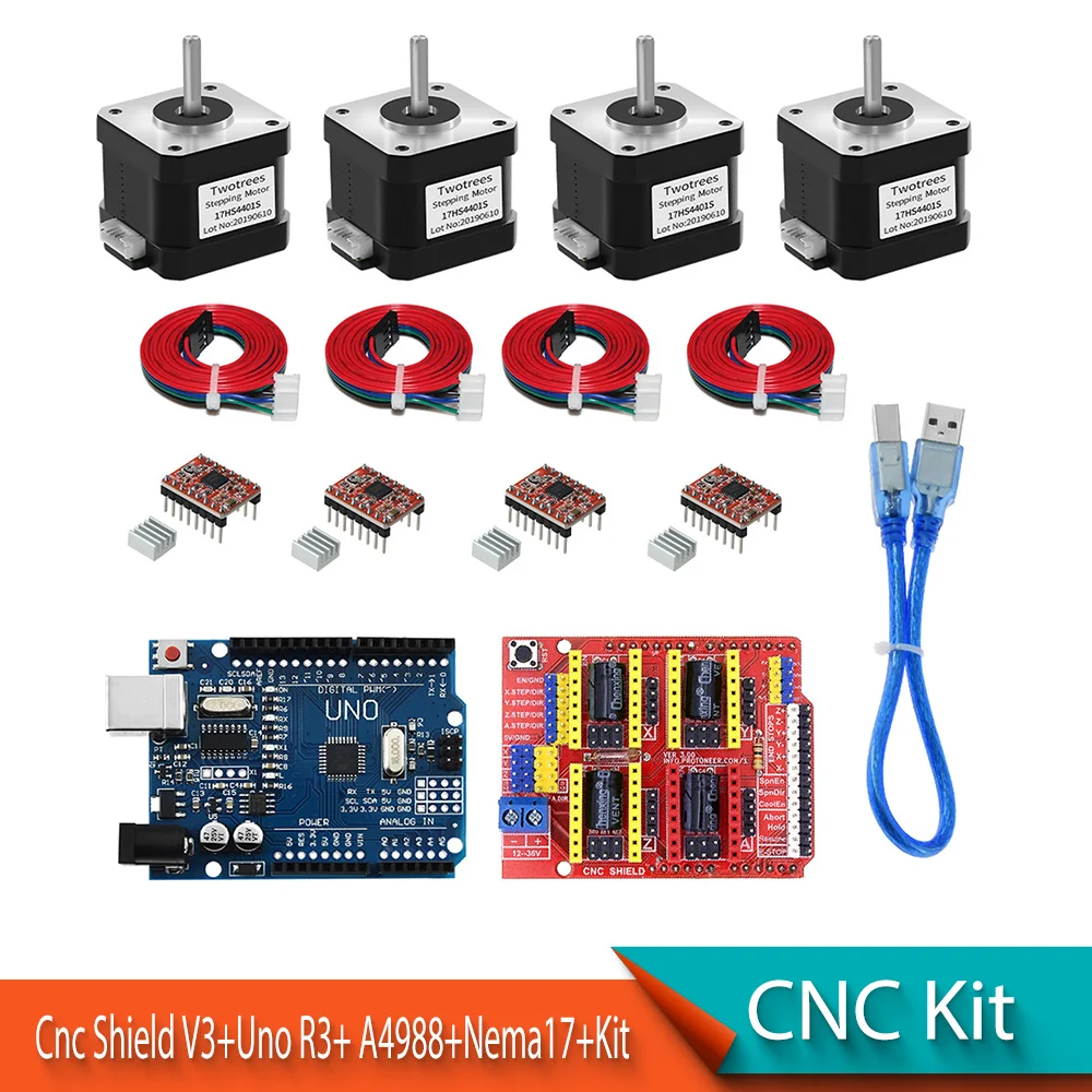 

Uno R3 + Cnc Shield V3 Engraving Machine + A4988 Motor Driver Kit + 42 Stepper Motor Nema17 17Hs4401S With Wire