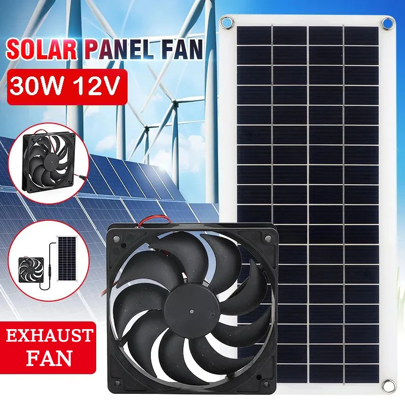 

30W Solar Panel Powered Fan 12cm Mini Ventilator Solar Exhaust Fan for Dog Chicken House Greenhouse RV Car Fan 12V Charger