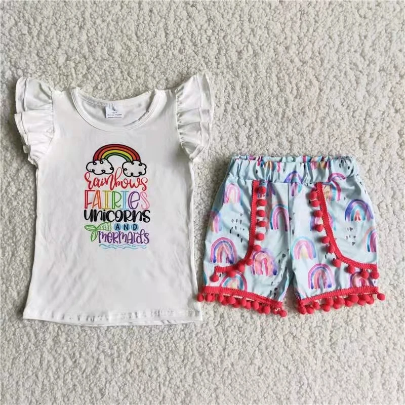 

summer kids clothing white flutter sleeve top and shorts two piece toddler girl clothing set children casual clothes