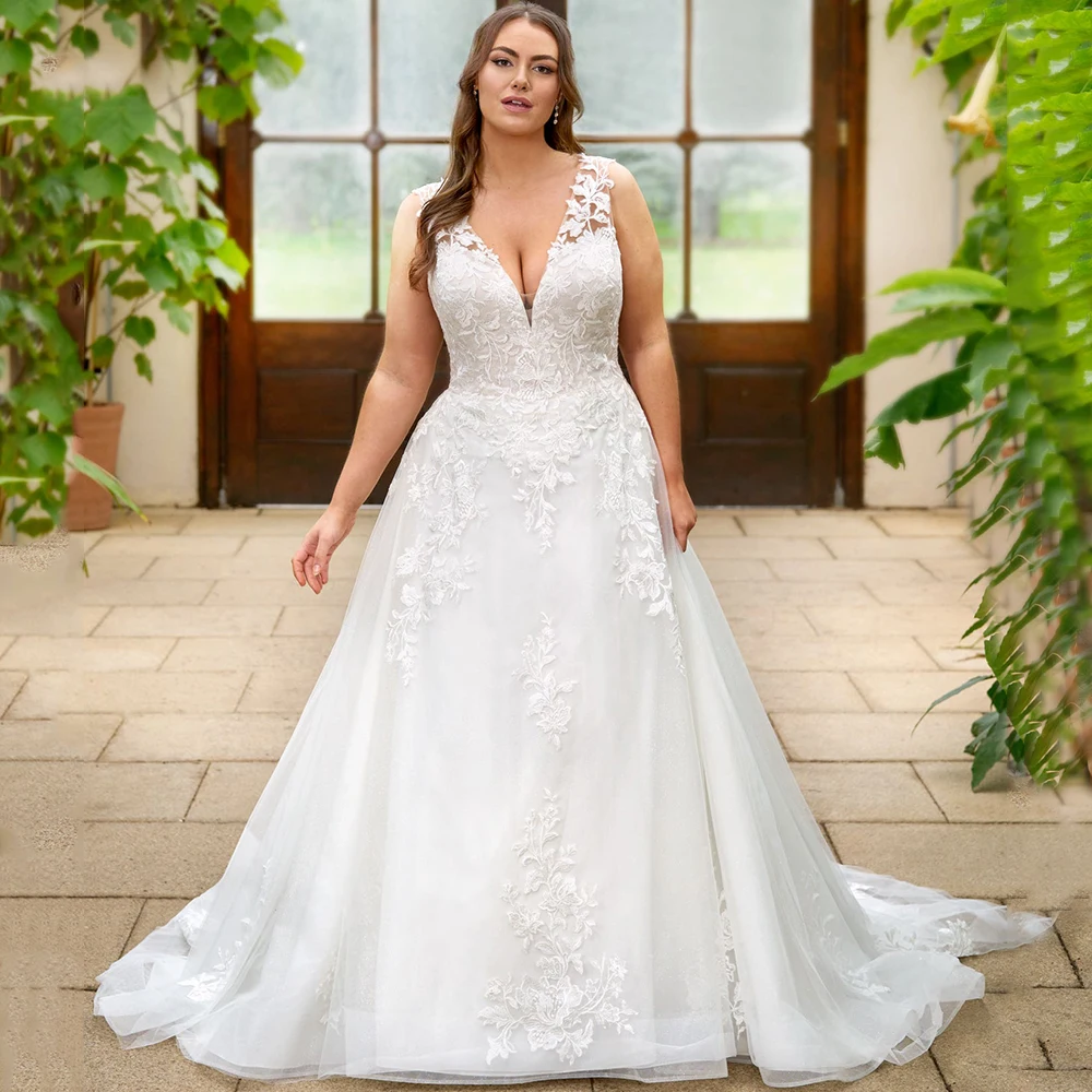 

Classic V-Neck Sleeveless A-Line Wedding Dress Applique Tulle Lace Up Sweep Train Bridal Formal Church Marriage Gowns Robe