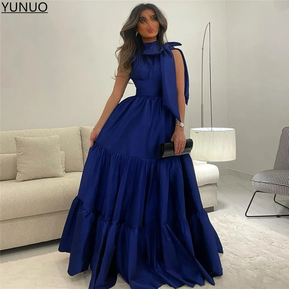 

YUNUO Royal Blue Taffeta Long Evening Party Gowns High Neck Tiered Skirt Saudi Arabic Women A-line Prom Dresses فساتين السهرة