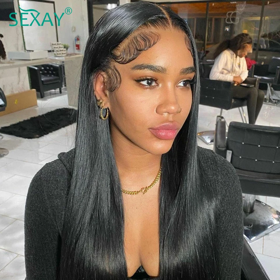 

Sexay Straight Lace Front Wig Pre Plucked 8-30 Inch Raw Indian Human Hair 150% HD Transparent 13x4 Frontal Wigs Bleached Knots