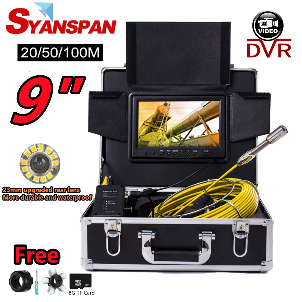 SYANSPAN 9&quot DVR Screen 8GB Card Pipe Inspection Camera 4500mAh Drain Sewer Pipeline Industrial Endoscope IP68 Waterproof Video