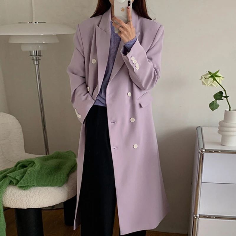 

Clothland Women Stylish Lilac Black Long Blazer Long Sleeve Double Breasted Long Jacket Autimn Office Wear Coats Mujer CA337