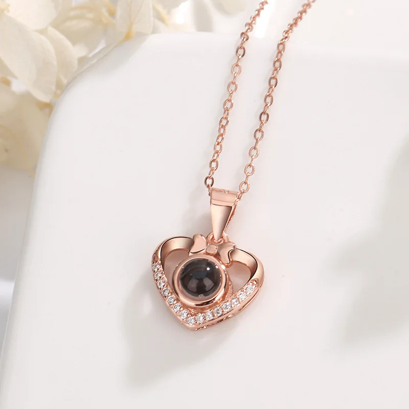 S925 Silver Bow Heart Projection Pendant Customized with Photos Necklace 100 Languages I Love You Jewelry For Women Memory Gift
