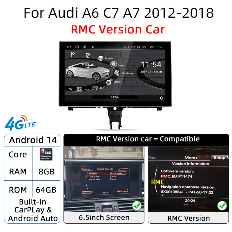 

Автомобильный мультимедийный плеер Android 14 Carplay для Audi A6 C7 A7 2012 ~ 2018 Сенсорный экран 4G Музыка Стерео GPS Navi 8 + 256 ГБ Авторадио