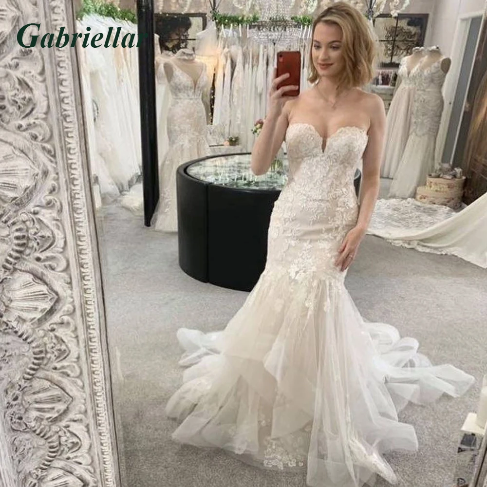 

Gabriellar Tulle Wedding Dress Trumpet Strapless Ruched Appliques For Women Backless Button 2023 Women Robe De Mariée Customized