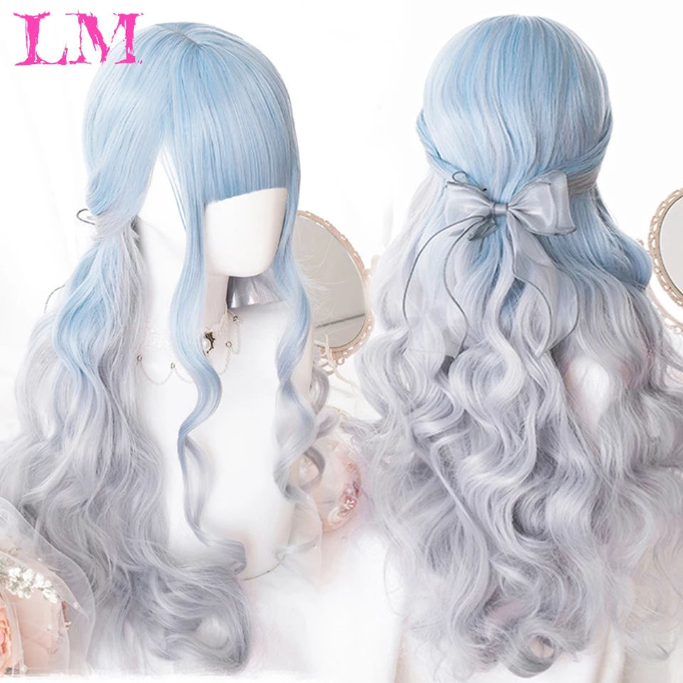 

LM Long Wavy Ombre Blue Grey Purple Synthetic Wigs with Bangs for Women Heat Resistant Natural Cosplay Party Lolita Hair Wigs