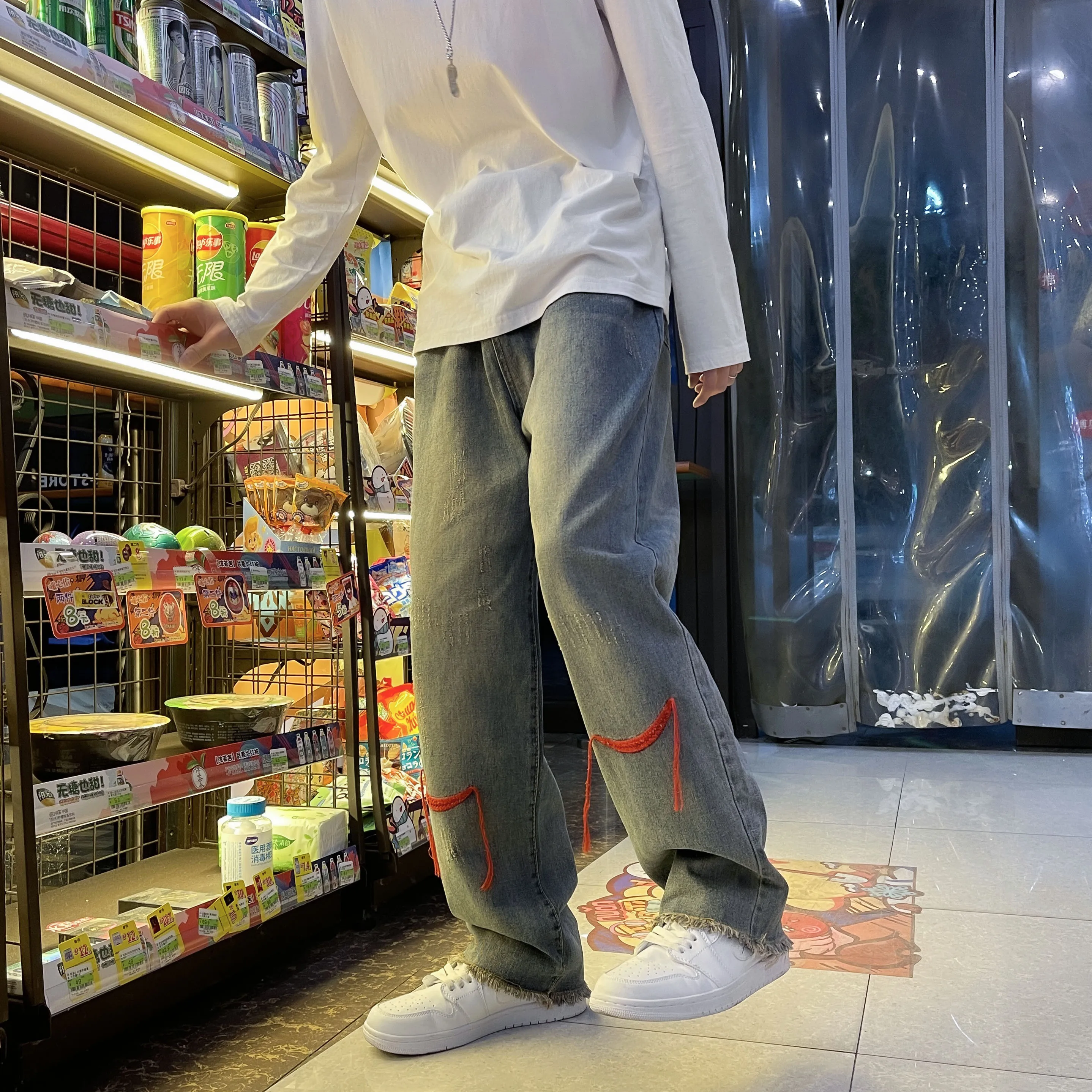 Four Seasons Y2K Men Fashion Grey Street Embroidery Loose Jeans Straight Hip Hop Pants Male Clothes