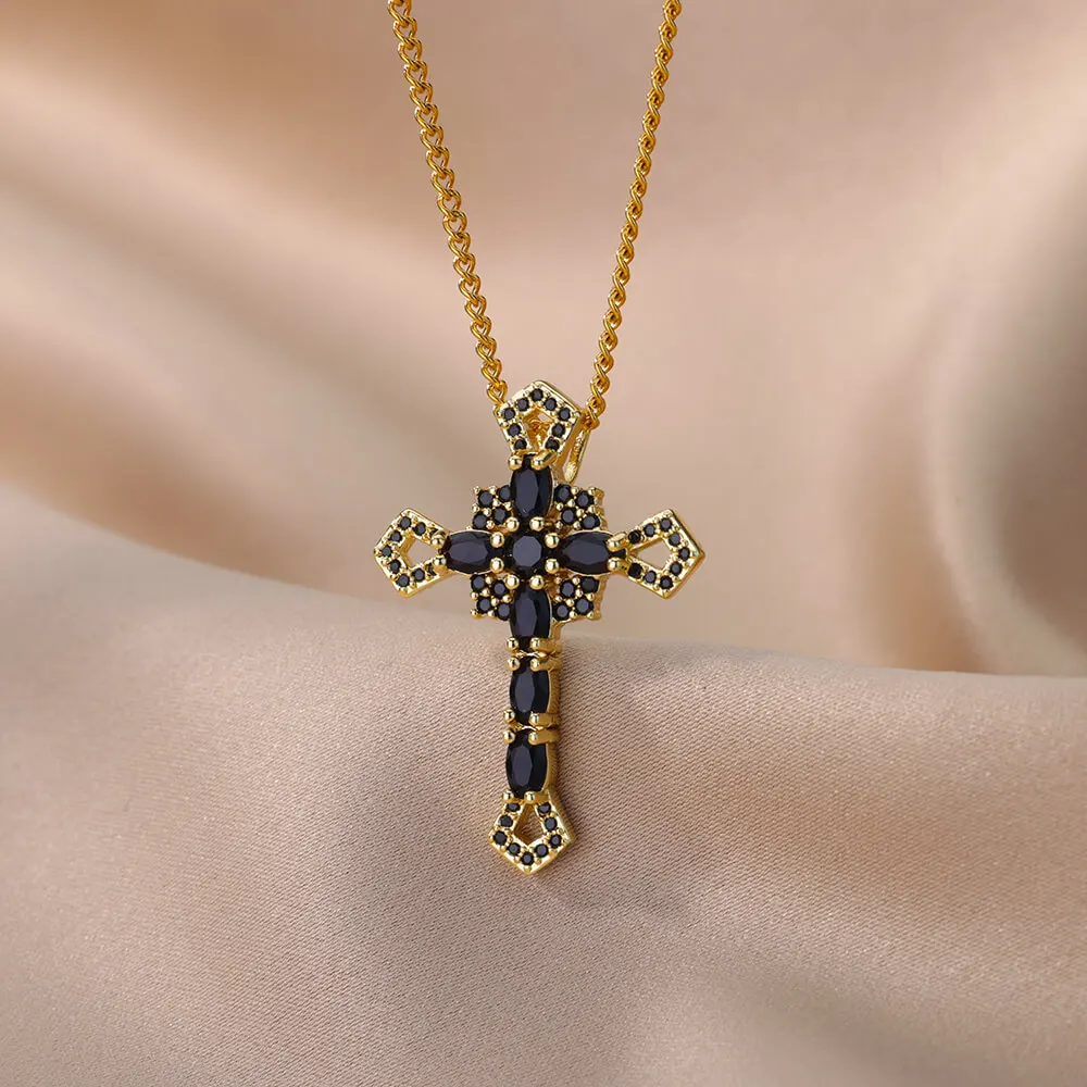 

Black Zircon Cross Necklace for Women Stainless Steel Punk Jesus Cross Pendant Choker Necklaces Retro Religious Wedding Jewelry