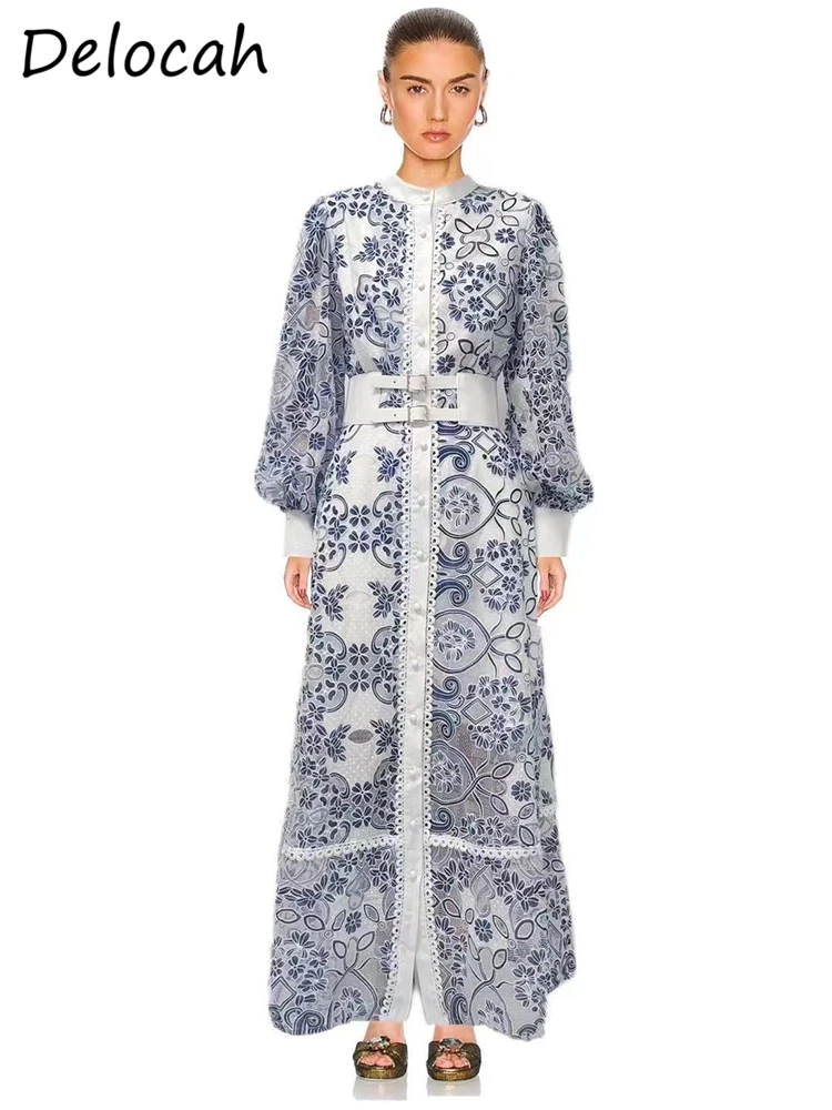 

Delocah High Quality Autumn Women Fashion Runway Long Dress With Belt Lantern Sleeve Blue And White Porcelain Shirt Style Dress