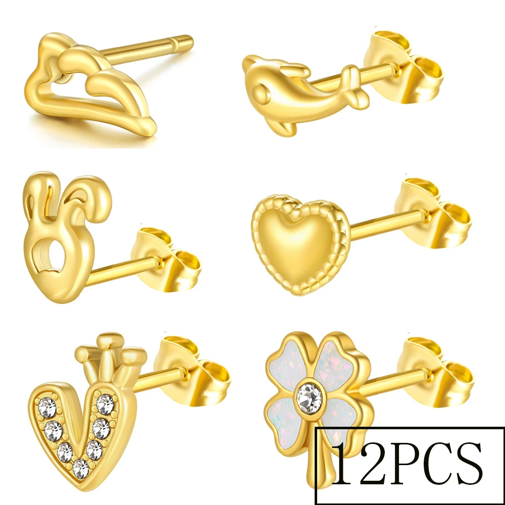 

12PCS Fashion CZ Helix Cartilage Stud Earrings for Women Stainless Steel Wing Dolphin Lotus Earrings Piercing Jewelry Party Gift