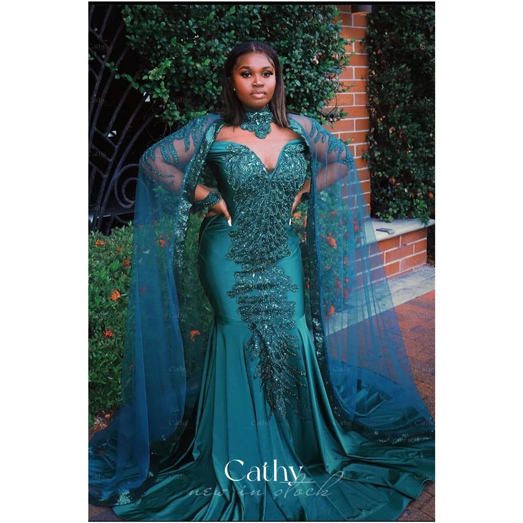 

Cathy Elegant Lace Green Party Dresses Sexy Sweetheart Prom Dresses Removable Cape Mermaid Evening Dresses Custom Plus Size