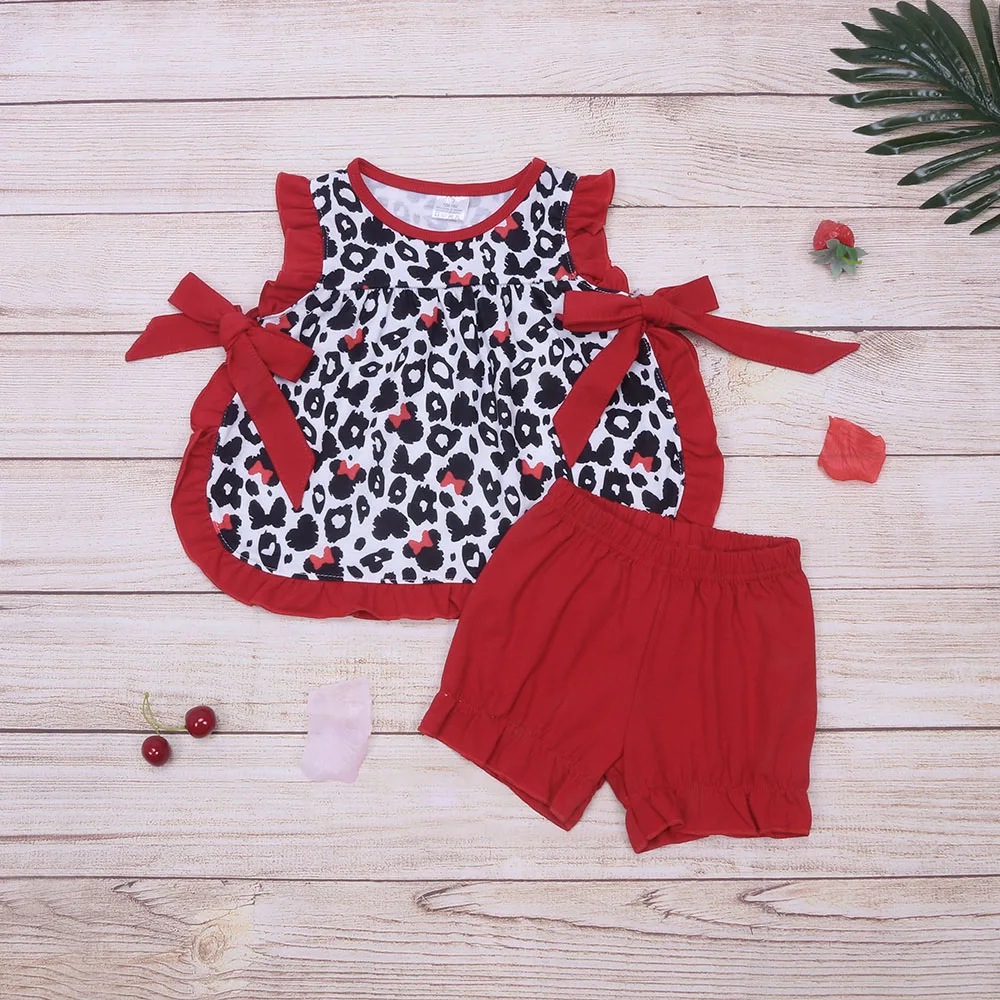

2022 New Style Baby Girl Clothes Set Pretty Floral 2pcs Bodysuit Sleeveless T-Shirt Leisure Leopard Print Shorts Suit For Girls