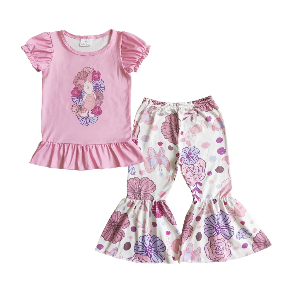 

Toddler Clothing Pig Pink Ruffles Short Sleeves Top Baby Clothes Floral Bell Pants Sets Wholesale Children Wear