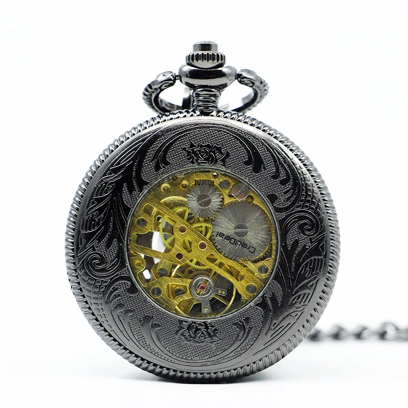 Steampunk Black Hollow Carving Mechanical Pocket Watch Roman Numerals Display Pin Chain Retro Clock Collectibles reloj hombre