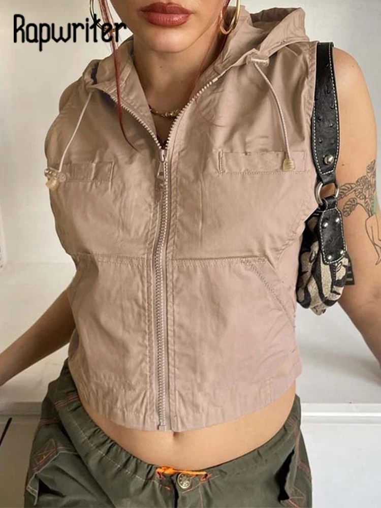 

Rapwriter Retro Grunge Khaki Jacket Vest Casual Drawstring Zip Up Hooded Sweat Tank 2000s Women Sleeveless Cargo Top Streetwear