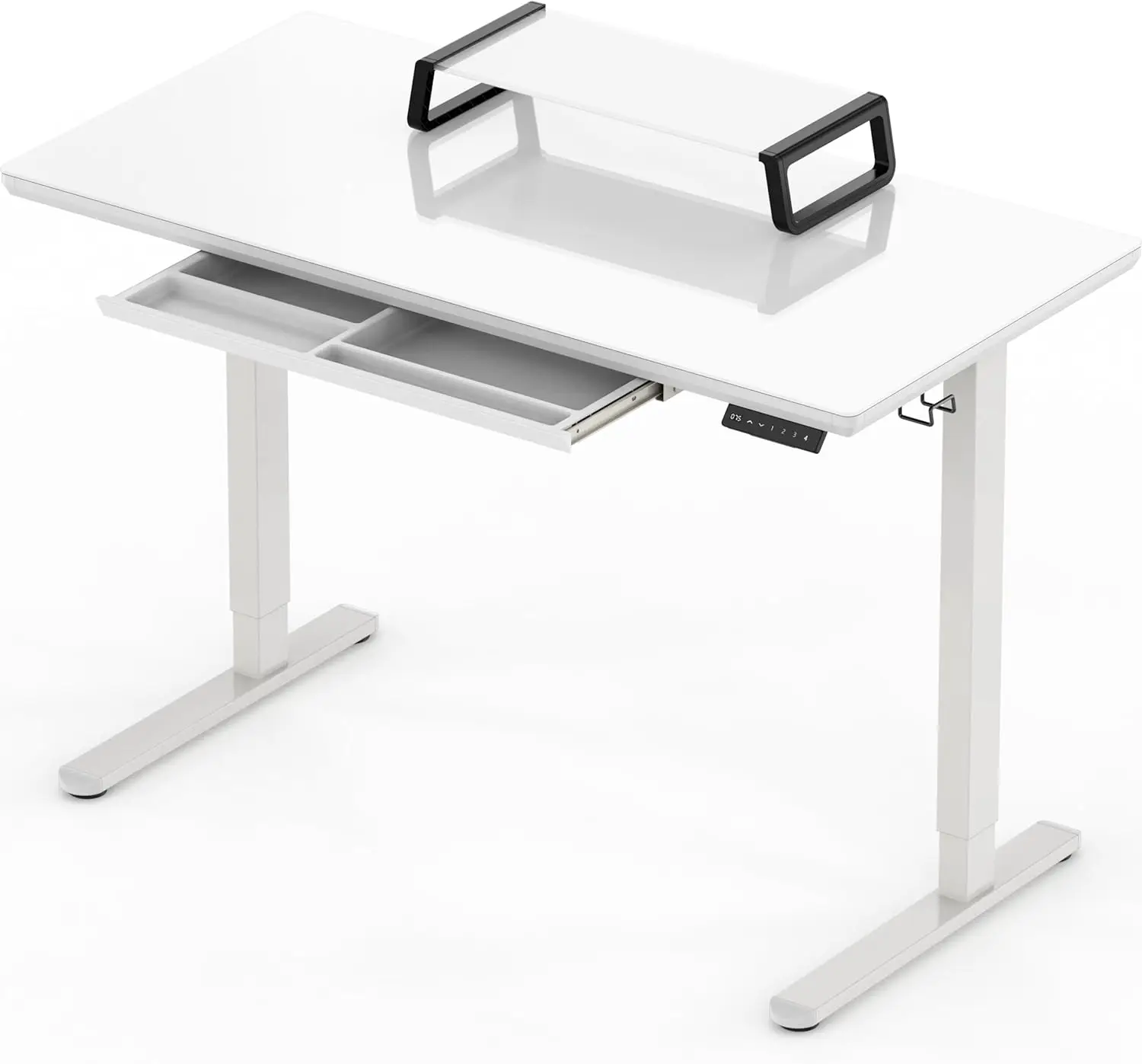 

SHW-Adjustable Glass Desk with Monitor Riser and Drawer, Electric Height, 48"