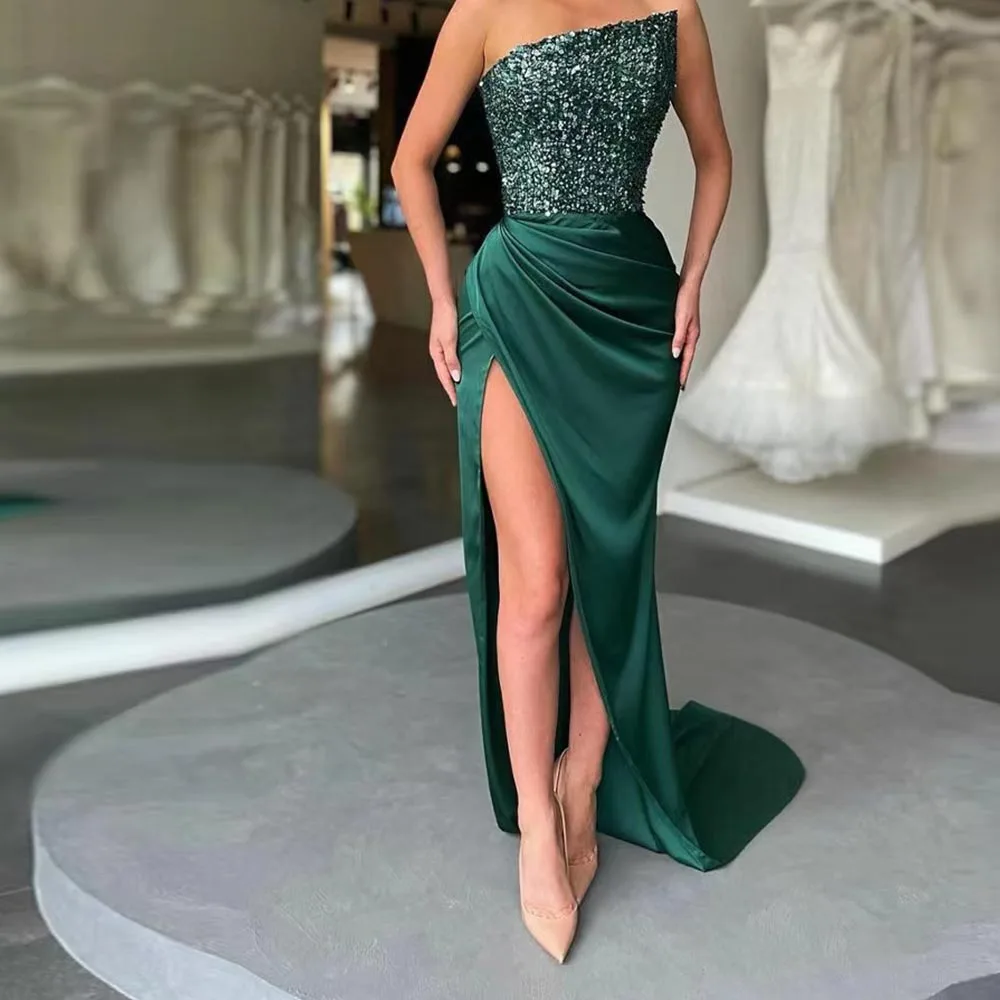 

Sexy Prom Dresses Green Asymmetric Neckline Pleat Satin Party Gowns Sequined Side Slit Long Mermaid Pageant Dress Robe De Mariée