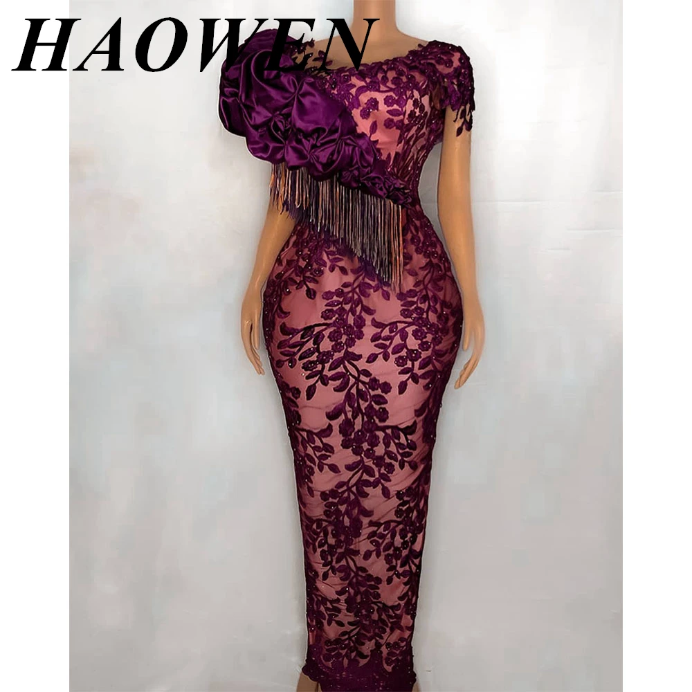 

HAOWEN Floral Mermaid Short Prom Dresses Ankle Length Short Sleeves Lace Appliques Evening Gowns 3D Handmade Flower Tassels