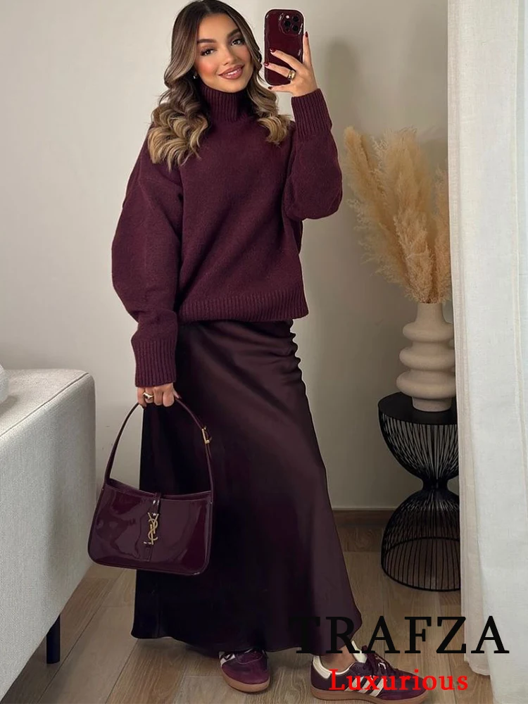 TRAFZA винтажный шикарный женский свитер однотонный вязаный свободный с круглым