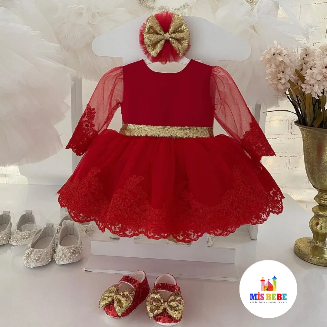 1st birthday Baby Girl Red Dress Long Sleeve Flower Girl Dress Lace Flower Girl Dress Toddler Infant Party Dress Lace