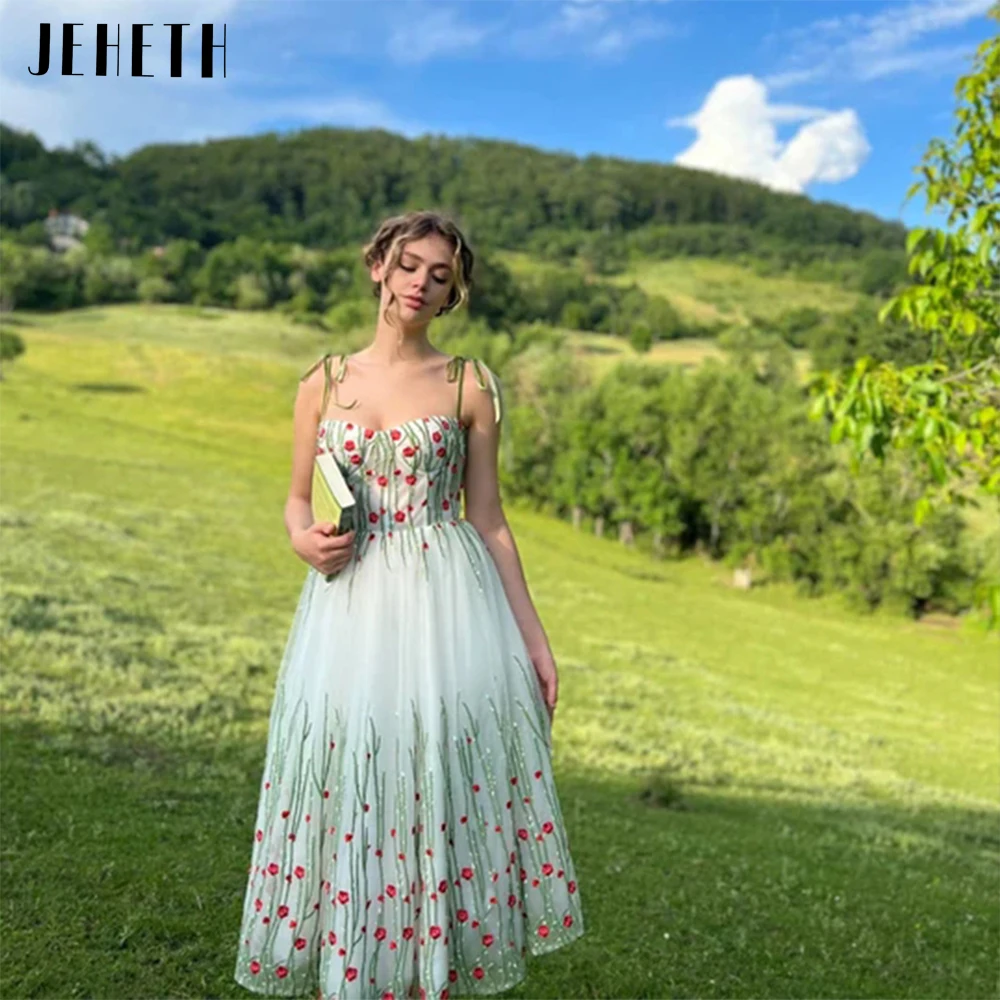 

JEHETH Wihte Pastoral Embroidery Flowers Tulle Prom Dress 2022 Sweetheart Spaghetti Straps A Line Evening Party Gown Tea Length