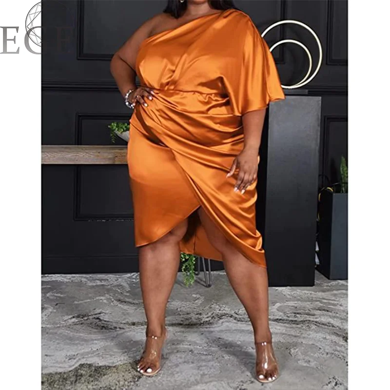 Women's Plus Size Satin One Shoulder Ruched Bodycon Asymmetrical Party Cocktail Midi Long Dress