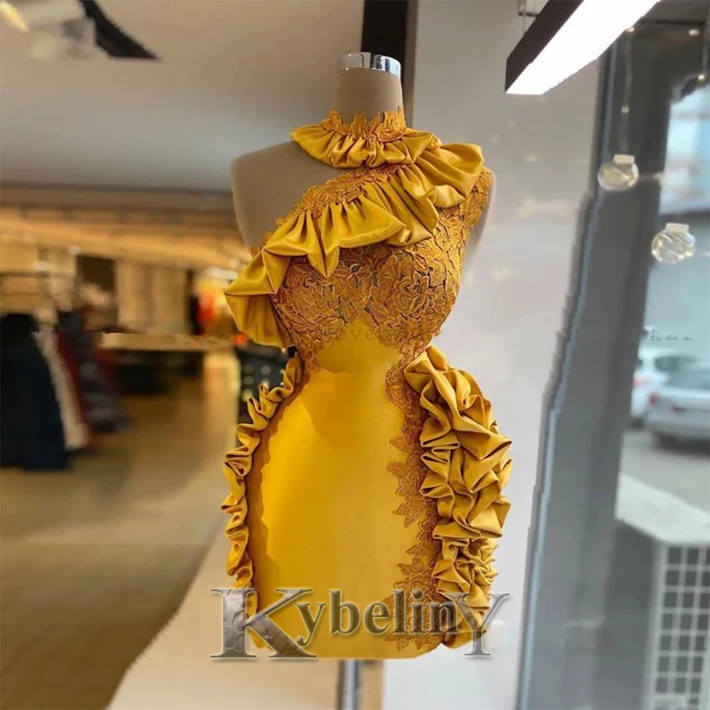 

Женское короткое вечернее платье Kybeliny, желтое элегантное сексуальное платье с кружевной аппликацией и оборками, на заказ