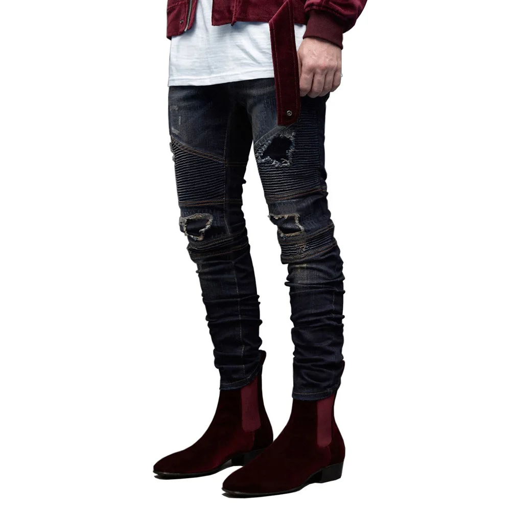 Retro Fashion Street Wear Washed Distressed Ripped Jeans Men's Slim Fit Casual Leggings Trendy Slim Pencil Pants Jeans For Men