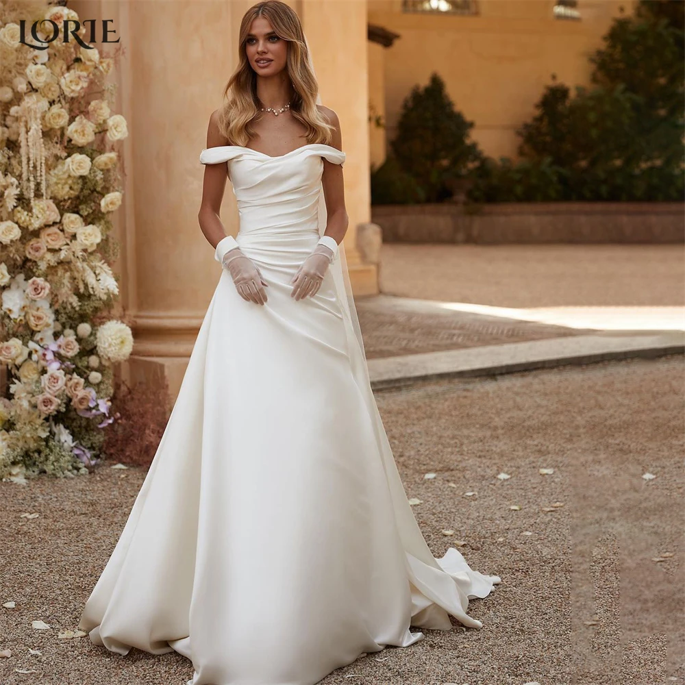 

LORIE Elegant Solid Mermaid Wedding Dresses Off Shoulder Pleated Satin Backless Bridal Gowns Puffy Skirt Bride Dress No Gloves