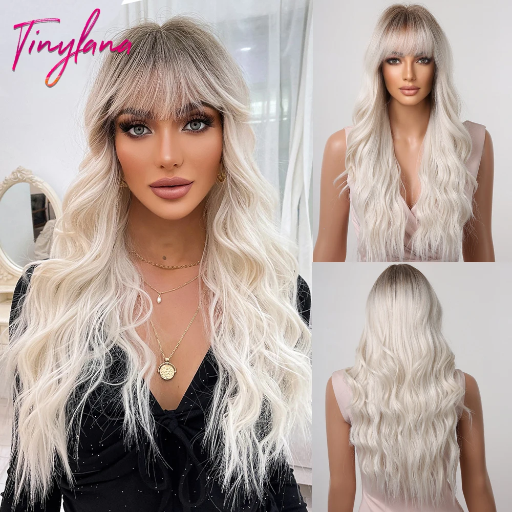 

Platinum Blonde Balayage Futura Synthetic Hair Wigs Long Wavy Ombre Cosplay Wig with Bangs Dark Gray Root for Women Natural Hair