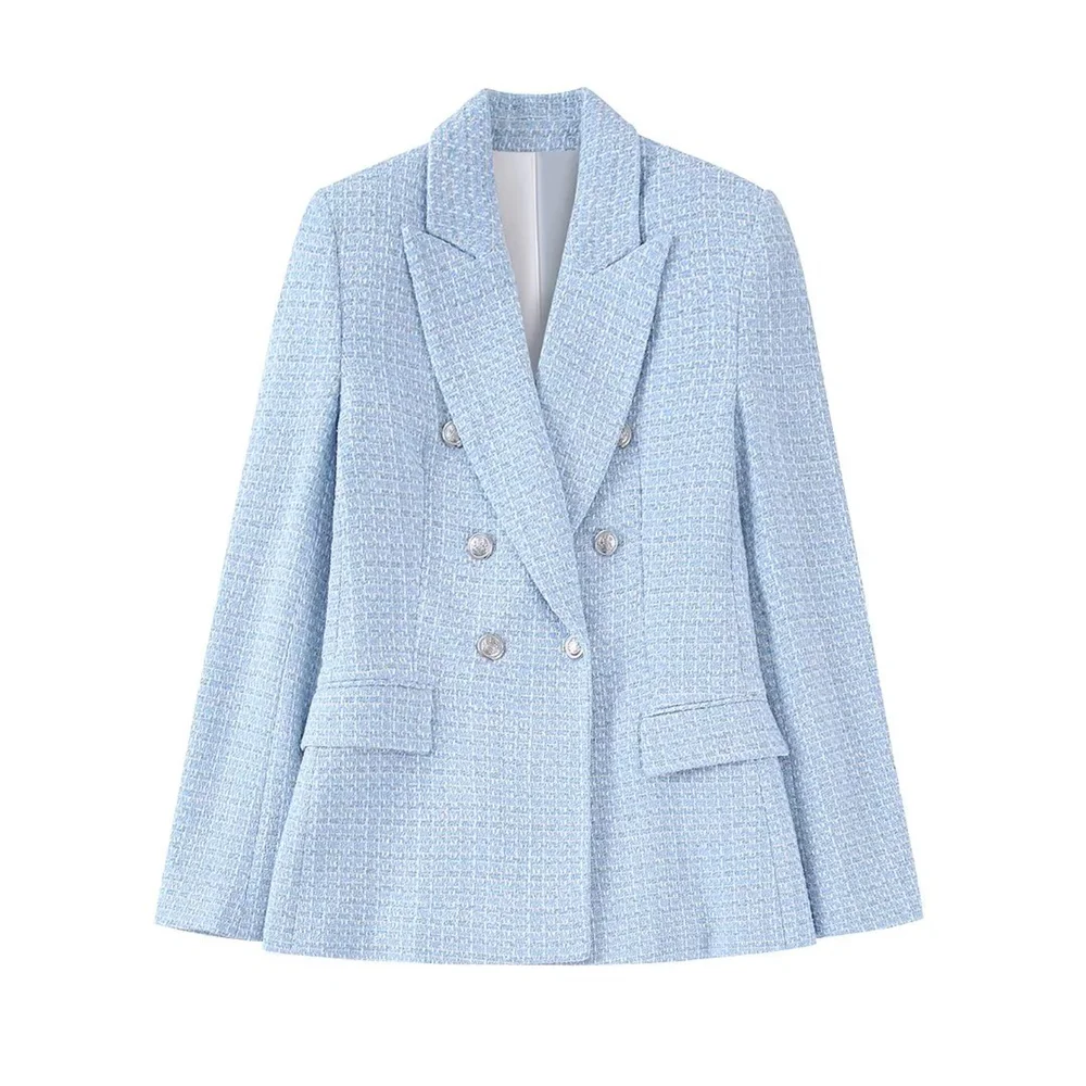 

PB&ZA 2022 Autumn New Women's Casual Loose Textured Lapel Long-sleeved Pockets Double-breasted Blazer 7553144