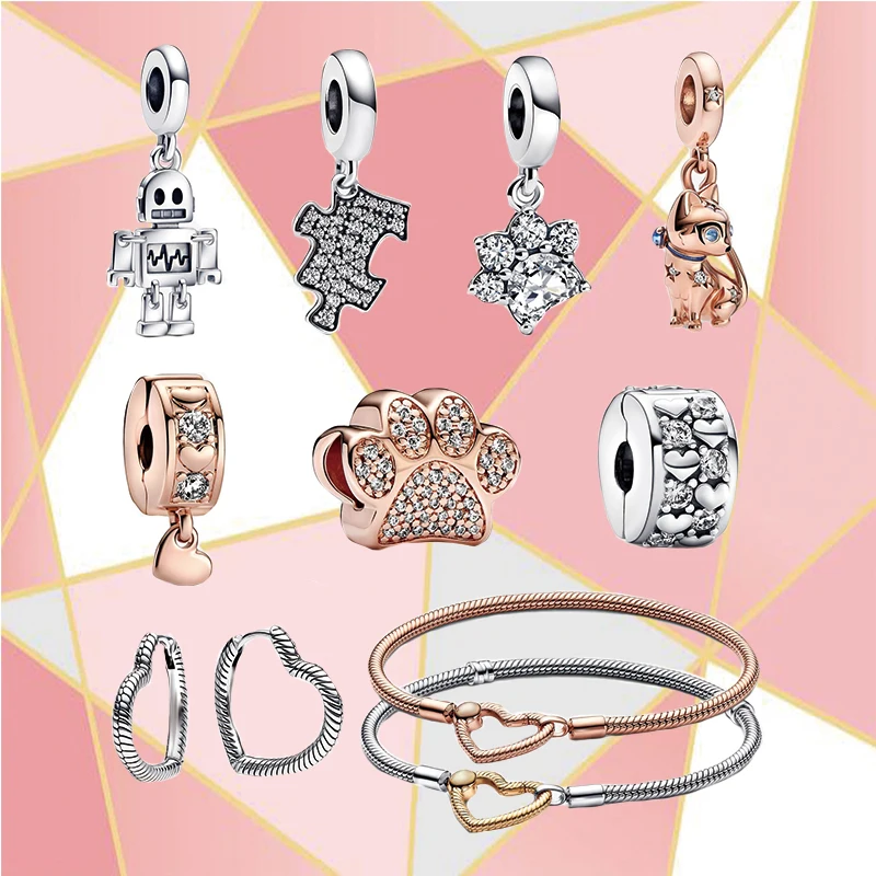 

2022 New 100% High Quality S925 Sterling Silver Bright Palm Print Robot Pet Cat Pendant Fixing Clip Women's Simple Diy Jewelry