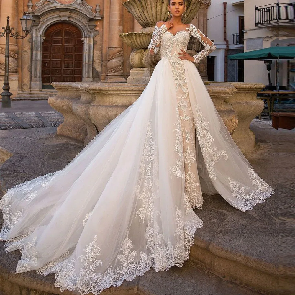 

Sexy Mermaid Wedding Dress Detachable Train 2022 Off Shoulder Lace Long Sleeve Button Back Wedding Gown for Bride C2525