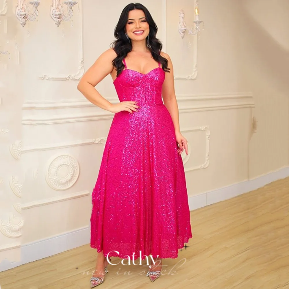 

Cathy Shiny Vestidos De Noche Sexy Sequins Knee Prom Dress Glitter Spaghetti Straps Party Dress Custom Color Evening Dresses