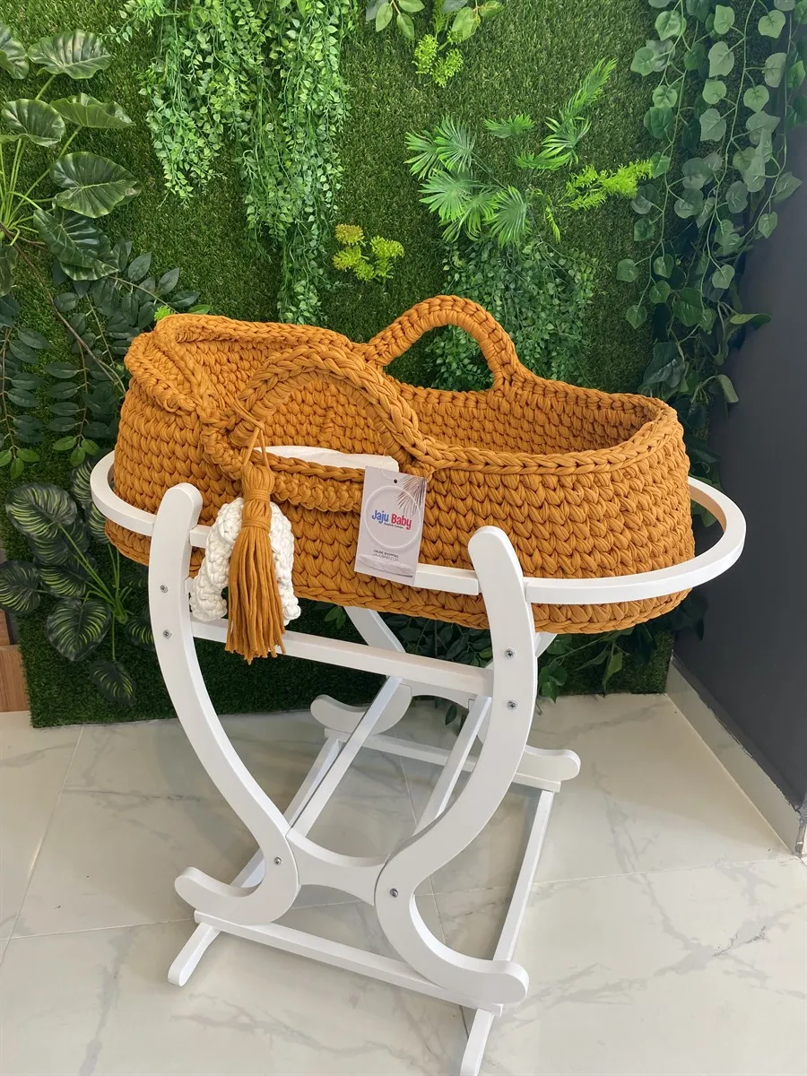 Jaju Baby Moses Basket Plain Mustard Knit Stroller