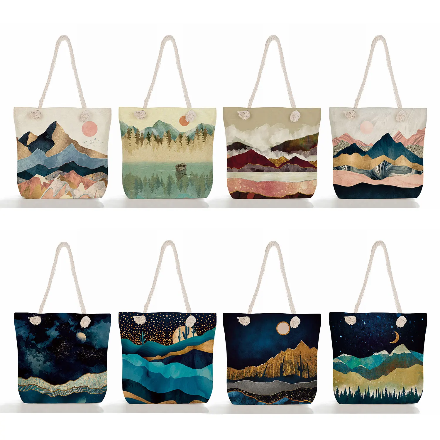 

Women Linen Shopper Shopping Handbags Oil Painting Mountain Forest Print Causal Tote Bag Leisure Ladies Shoulder Bag For Beach
