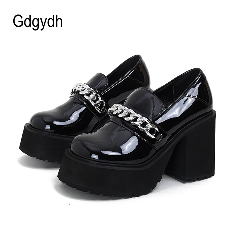 Gdgydh Platform Heels Womens Loafer Leather Slip-ons Round Toe Chunky Loafer Shoes Penny Casual Fashion Shoes with Chain
