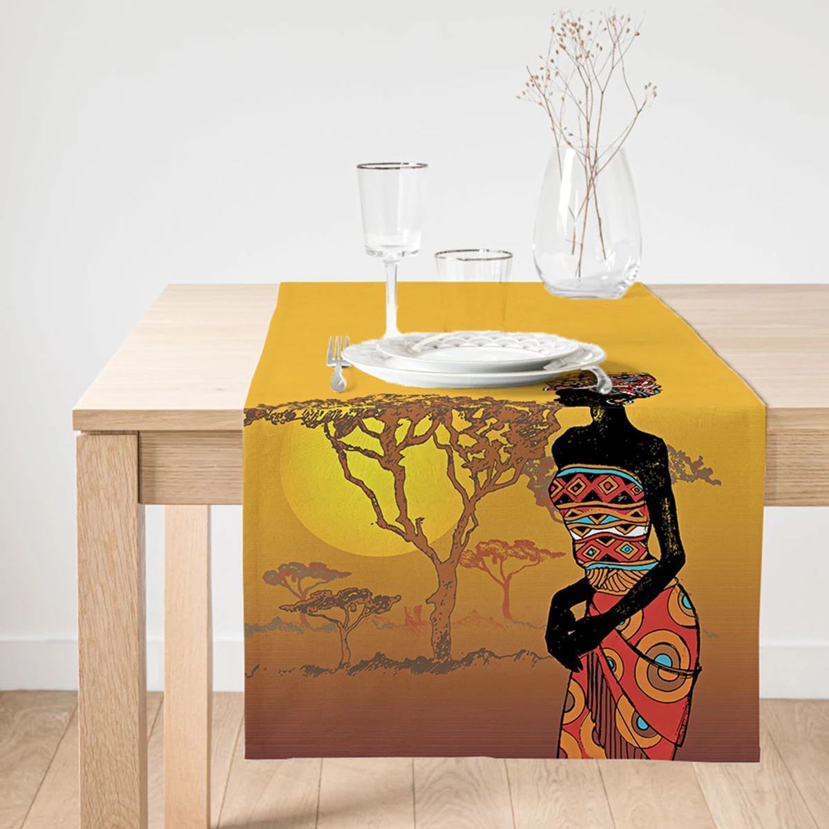 

African Woman Patterned Suede Runner with Tree Ground at the Sunset,Decorative Runner,Gift Runner,Table Decoration