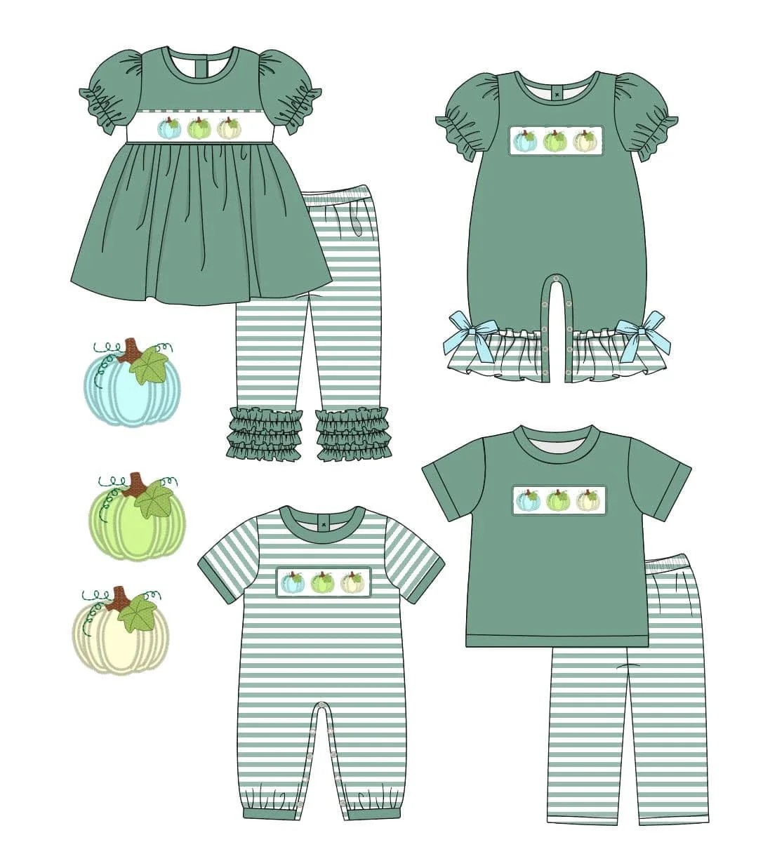 

Halloween Outfits Cotton Bubble Baby Girl Clothes Set Romper Suit Pumpkin Embroidery Bodysuit Sleeve Green Jumpsuit Bow Pants