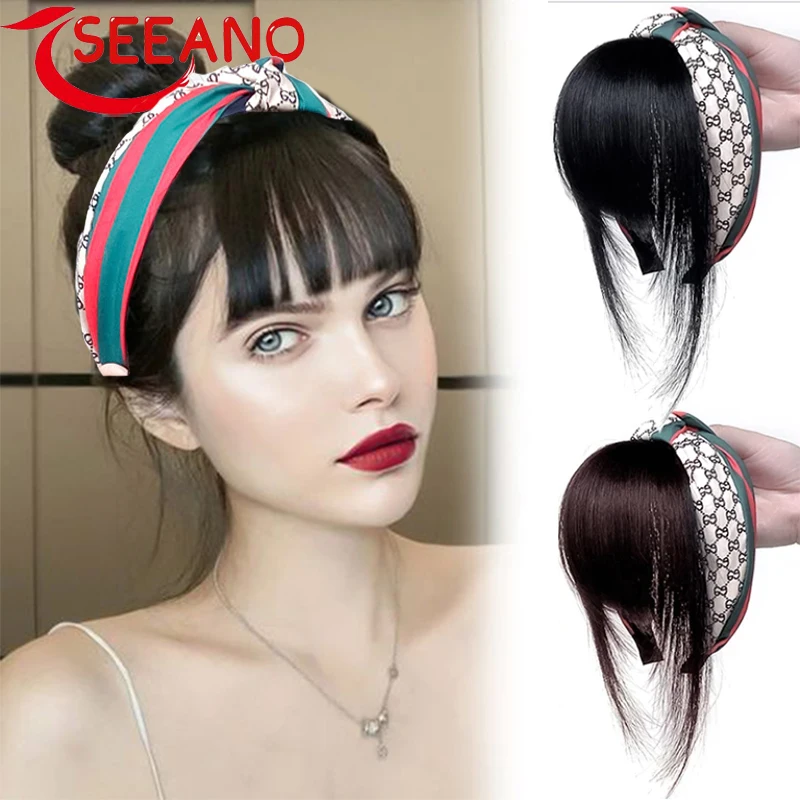 SEEANO Synthetic Replacement Toupee Natural Headband Wigs With Braids Bangs Heat Resistant Hair Extensions Hairpieces for Women