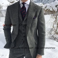 men suits for wedding formal groom tuxedo gray wool tweed winter herringbone male fashion 3 piece jacket vest pantstie