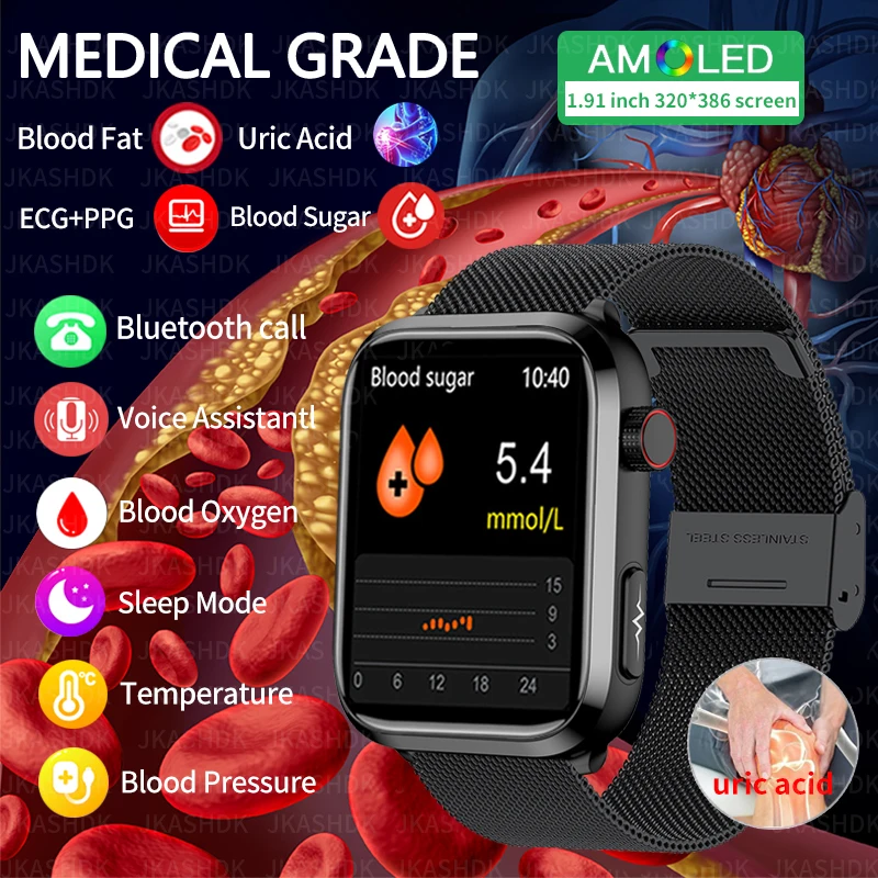 

2023 New ECG+PPG Medical Grade Smart Watch Blood Sugar Blood Lipid Uric Acid Body Temperature Bluetooth Call Health Smartwatch
