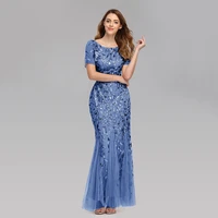 embroidered beaded fabric prom dresses sugar color o neck short sleeve elegant little mermaid dresses formal party gowns 2021
